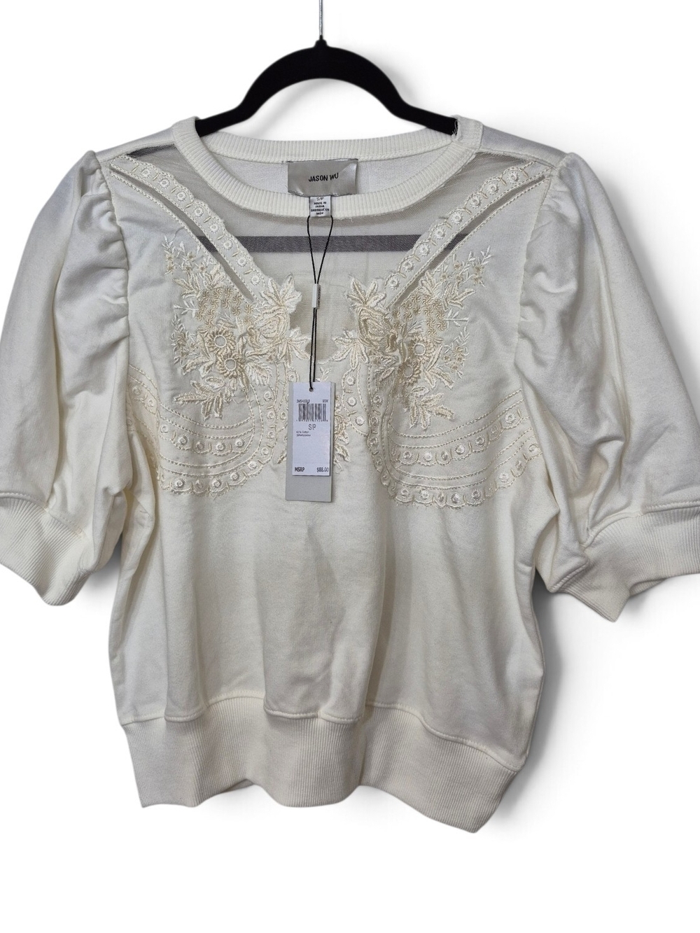 Jason Wu NWT Ivory Embroidered Puff-Sleeve Sweatshirt Small